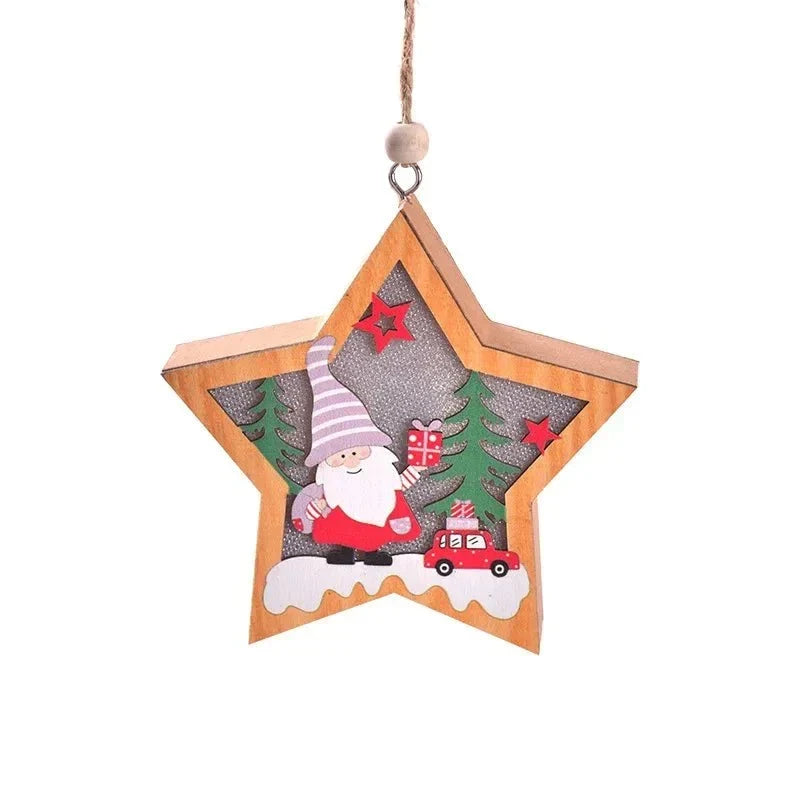 Adorno navideño LED con diseño cálido de madera y cuerda para colgar para decoración festiva