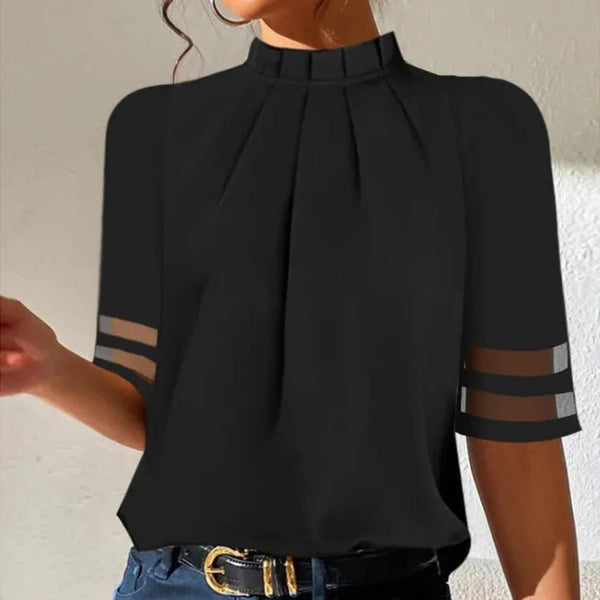 Blusa elegante con pliegues y cuello alto para mujer