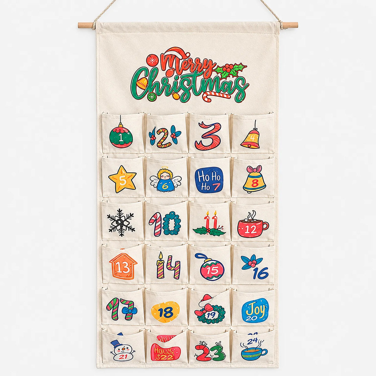 Calendario de Adviento para rellenar y colgar – Calendario de pared de tela y madera con 24 bolsillos, 100 x 50 cm, reutilizable