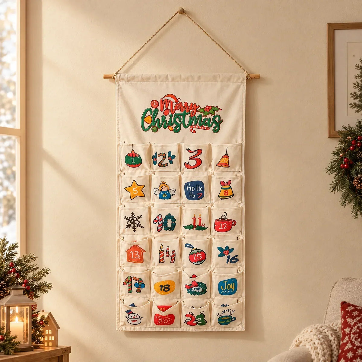 Calendario de Adviento para rellenar y colgar – Calendario de pared de tela y madera con 24 bolsillos, 100 x 50 cm, reutilizable