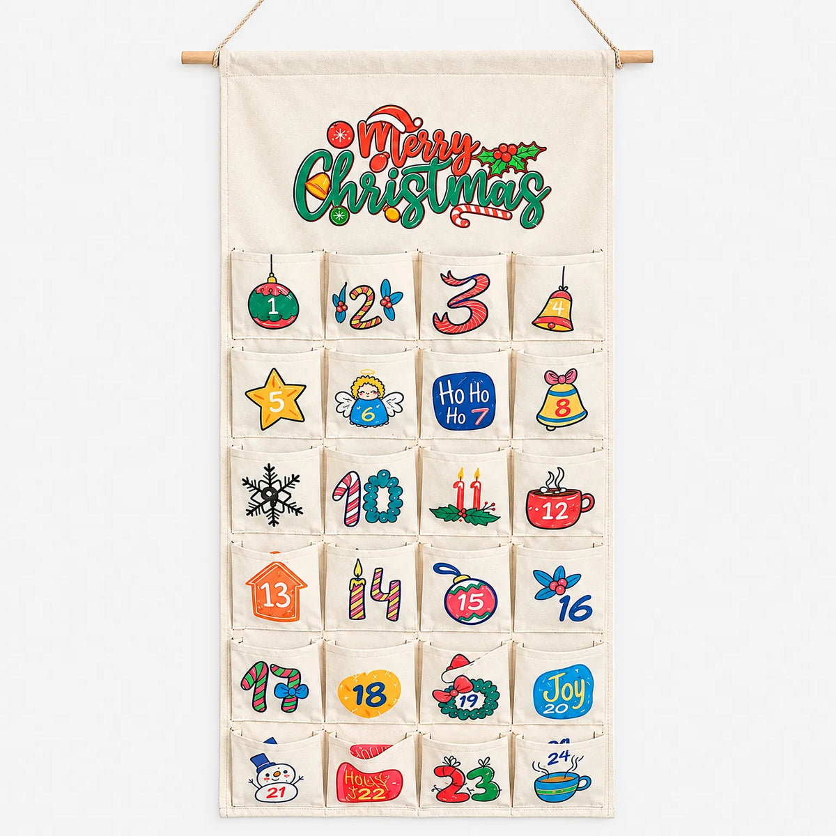 Calendario de Adviento para rellenar y colgar – Calendario de pared de tela y madera con 24 bolsillos, 100 x 50 cm, reutilizable