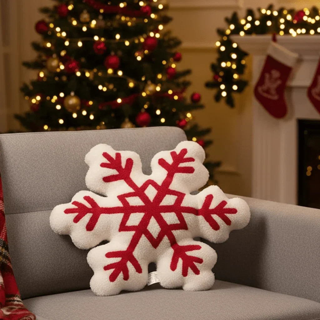 Cojín decorativo de felpa suave en forma de copo de nieve con diseño en relieve y tejido sherpa