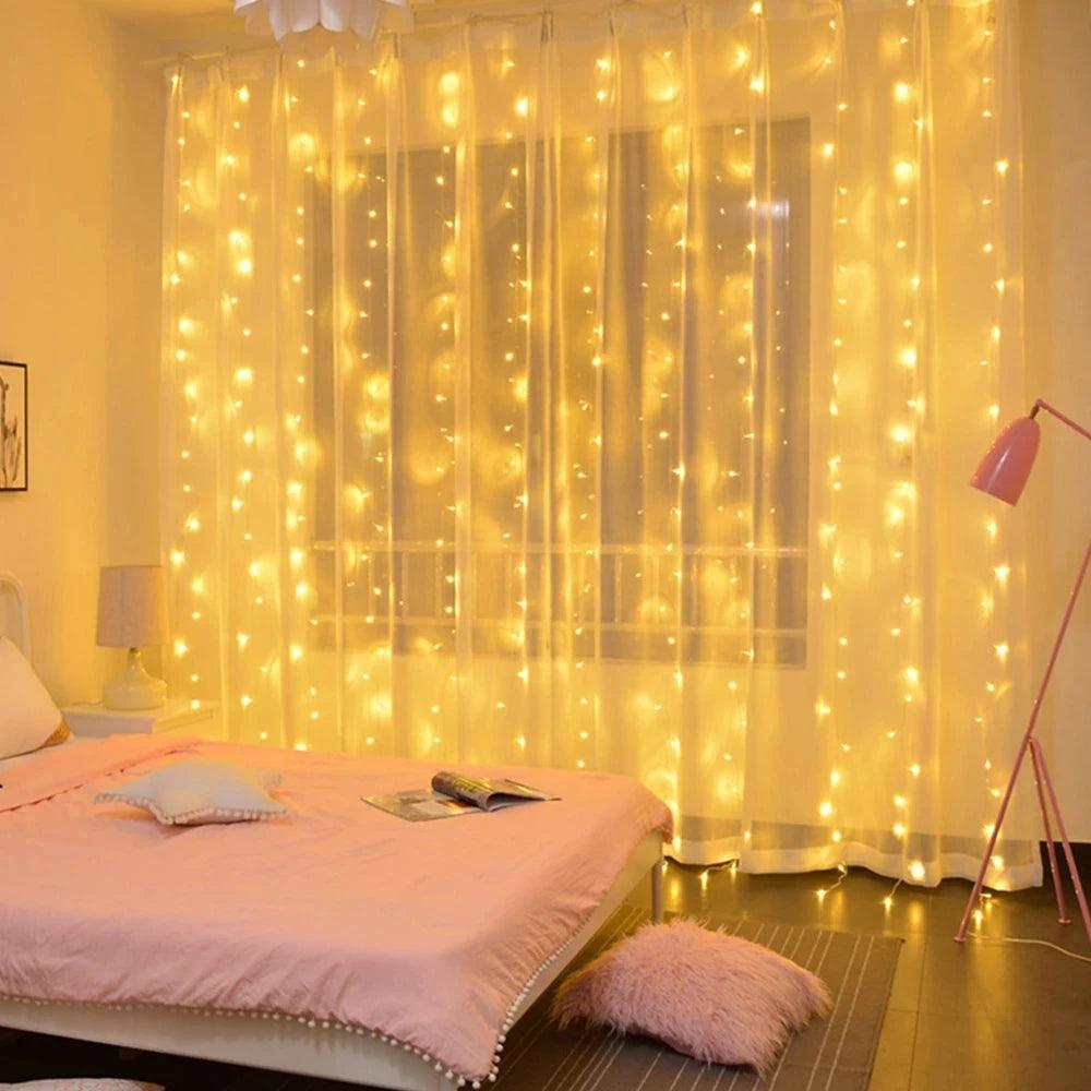 Cortina de luces LED navideña con 8 modos – Decoración impermeable para interiores y jardín