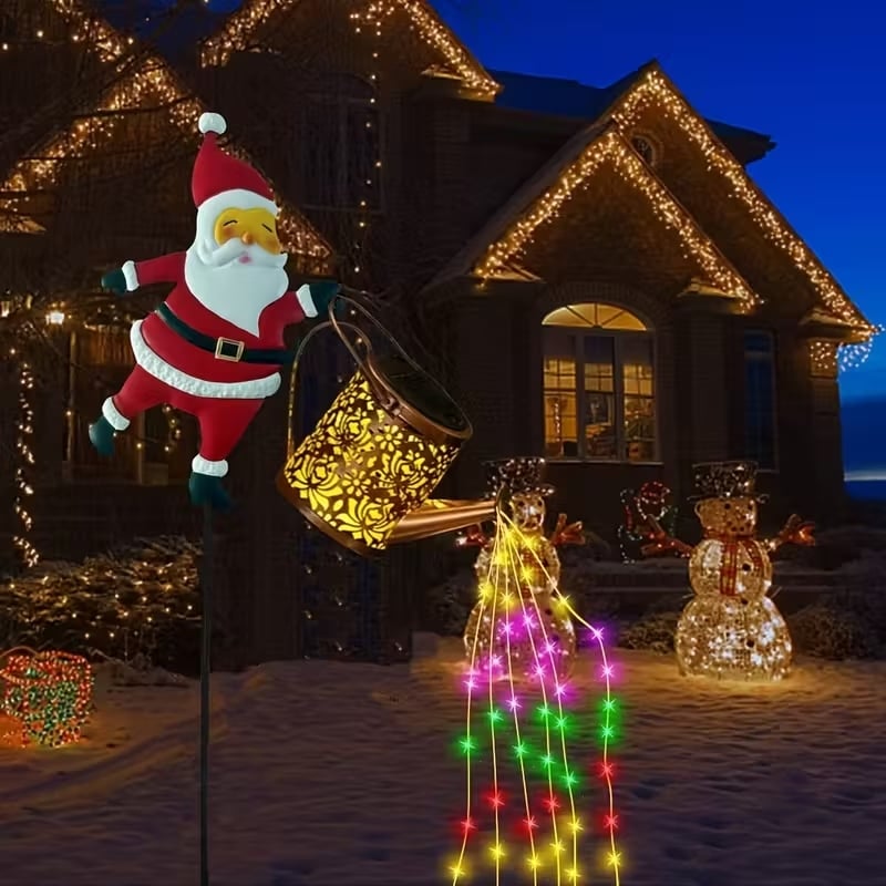 Farol solar en forma de regadera con Papá Noel para decoración de jardín de invierno