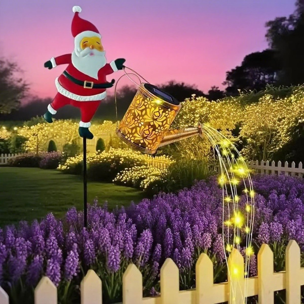 Farol solar en forma de regadera con Papá Noel para decoración de jardín de invierno