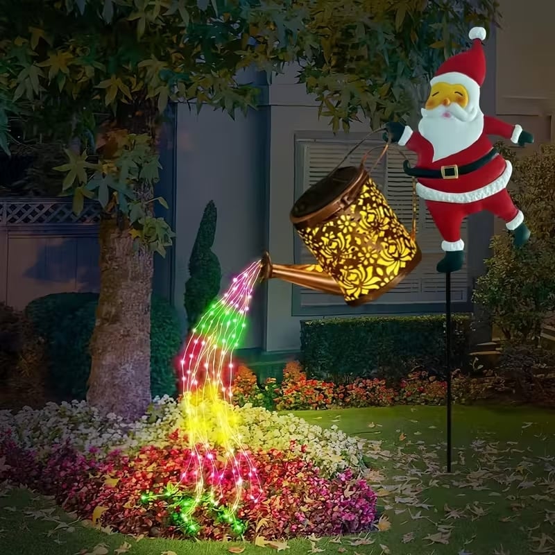 Farol solar en forma de regadera con Papá Noel para decoración de jardín de invierno