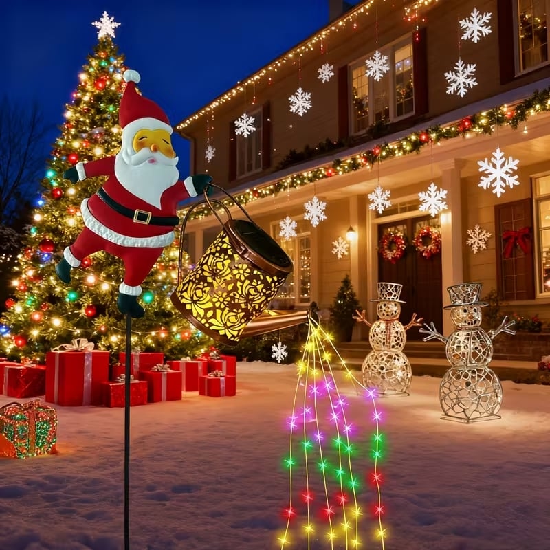 Farol solar en forma de regadera con Papá Noel para decoración de jardín de invierno