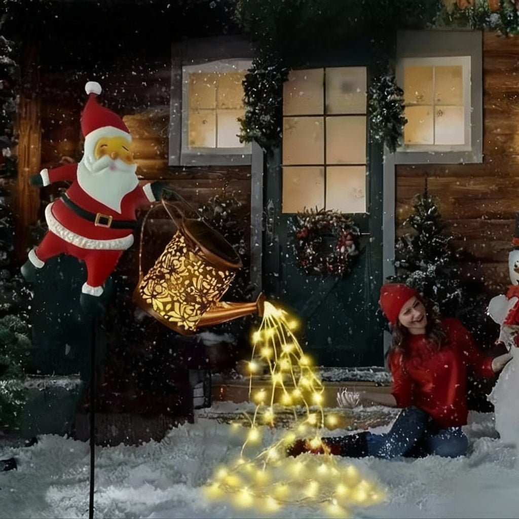 Farol solar en forma de regadera con Papá Noel para decoración de jardín de invierno
