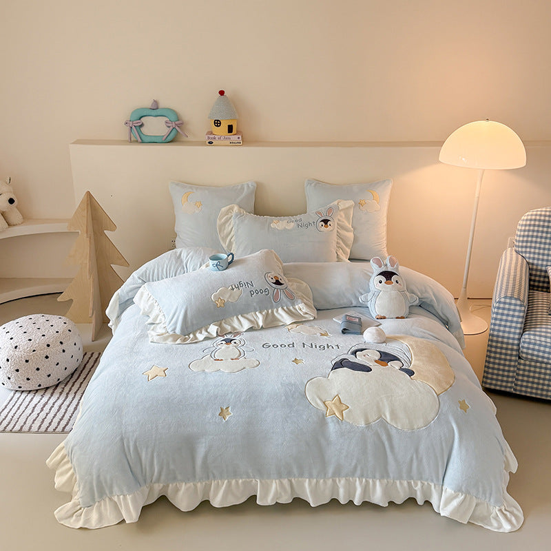 Juego de cama infantil con manta acolchada de peluche, apliques de animales en 3D y volantes