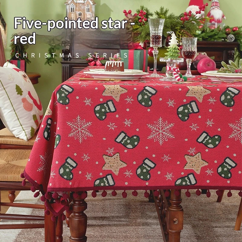 Mantel navideño con flecos de pompones y estampado de copos de nieve y calcetines para decoración festiva de mesa