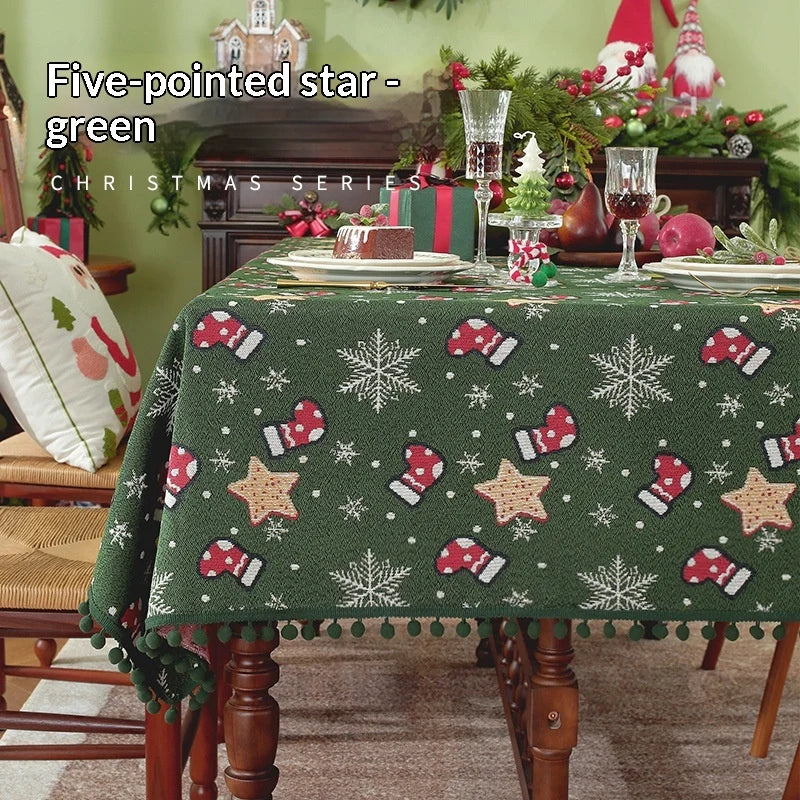 Mantel navideño con flecos de pompones y estampado de copos de nieve y calcetines para decoración festiva de mesa
