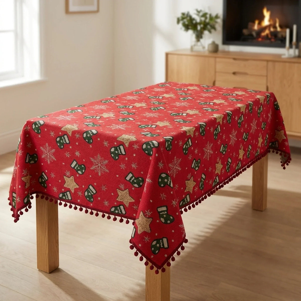 Mantel navideño con flecos de pompones y estampado de copos de nieve y calcetines para decoración festiva de mesa