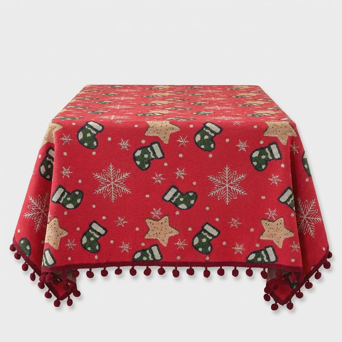 Mantel navideño con flecos de pompones y estampado de copos de nieve y calcetines para decoración festiva de mesa