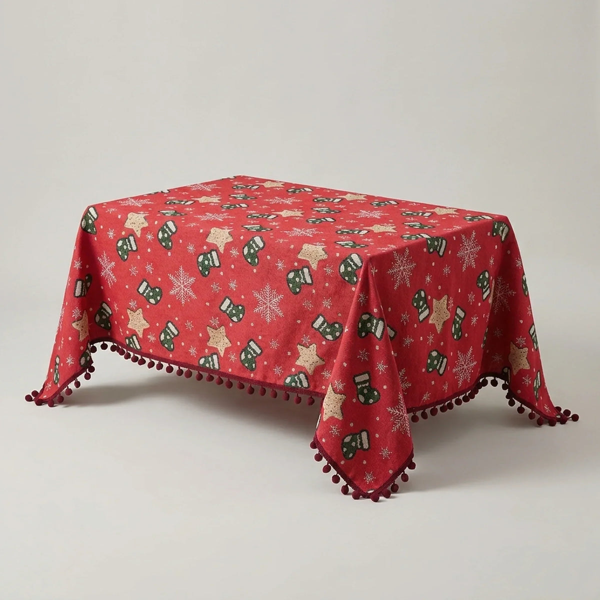 Mantel navideño con flecos de pompones y estampado de copos de nieve y calcetines para decoración festiva de mesa