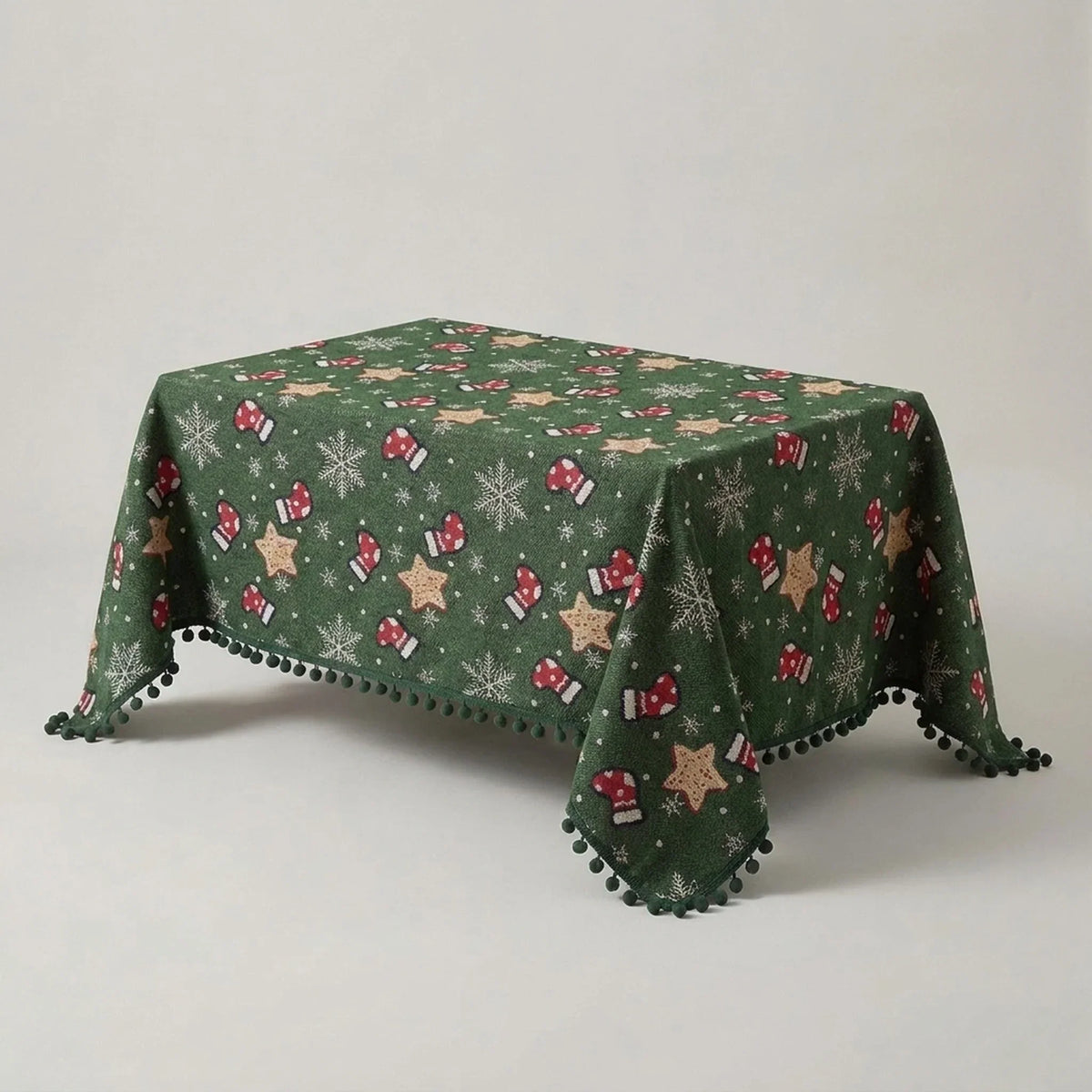 Mantel navideño con flecos de pompones y estampado de copos de nieve y calcetines para decoración festiva de mesa