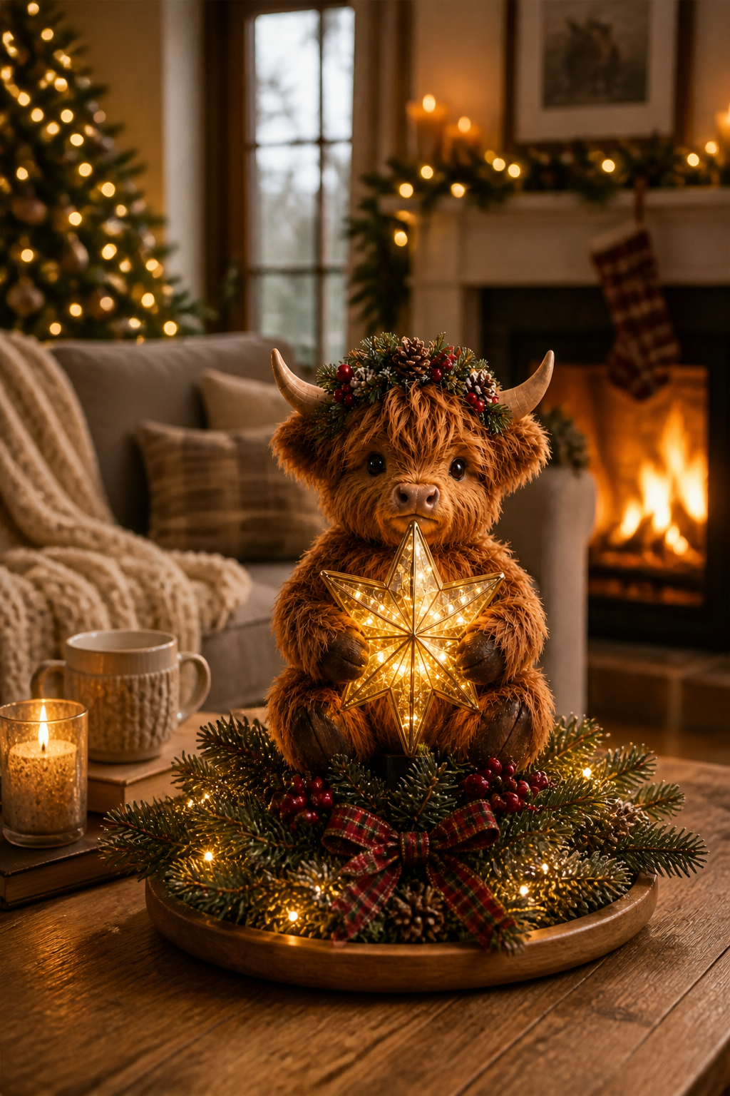 Adorno para la punta del árbol de Navidad de vaca de las Tierras Altas con estrella luminosa
