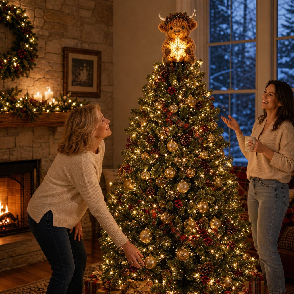 Adorno para la punta del árbol de Navidad de vaca de las Tierras Altas con estrella luminosa