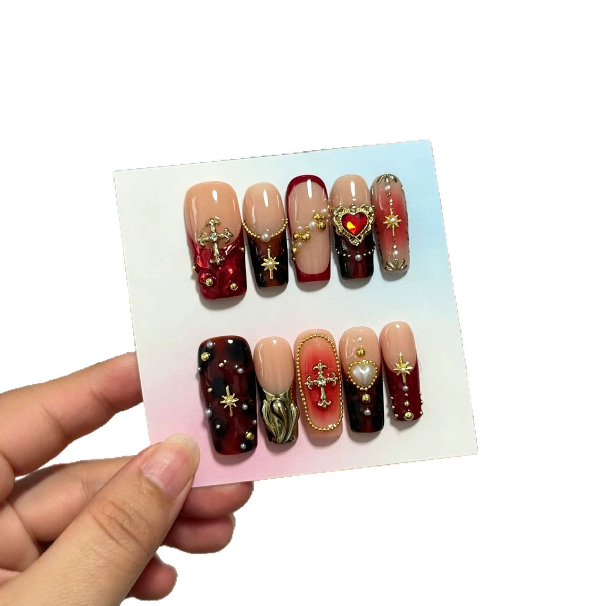 Set de uñas postizas press-on de lujo con detalles de pedrería