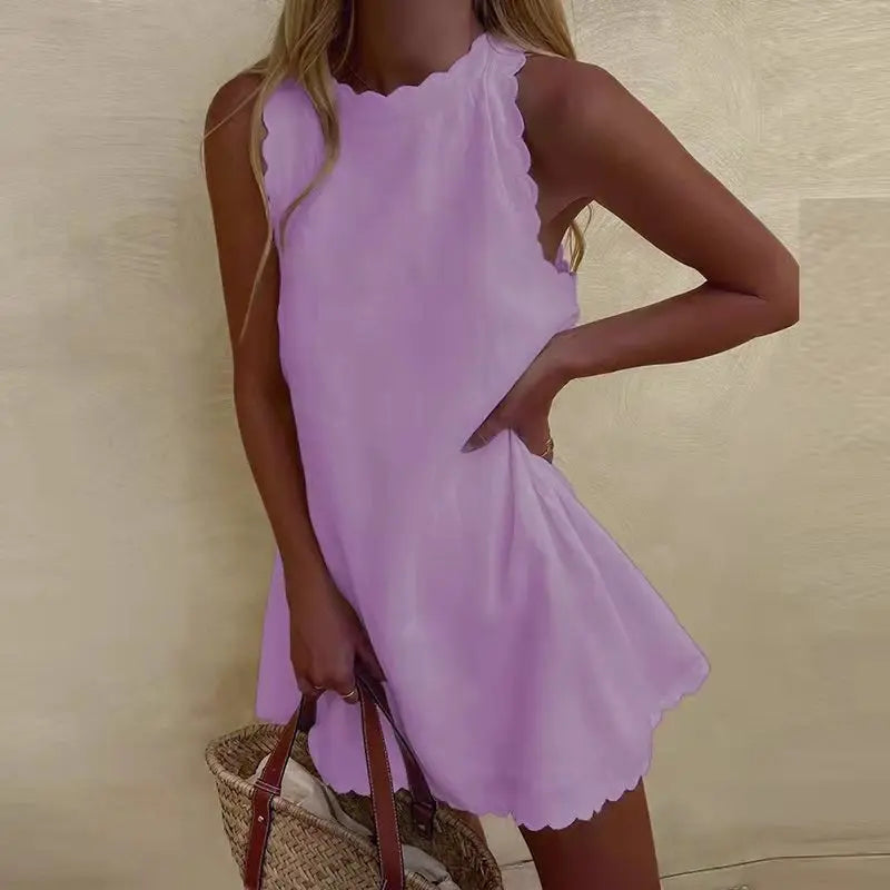 Vestido corto casual sin mangas para mujer con dobladillo festoneado