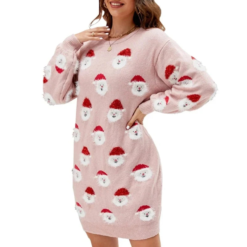Vestido jersey de punto grueso para mujer con cuello alto y estampado navideño para invierno