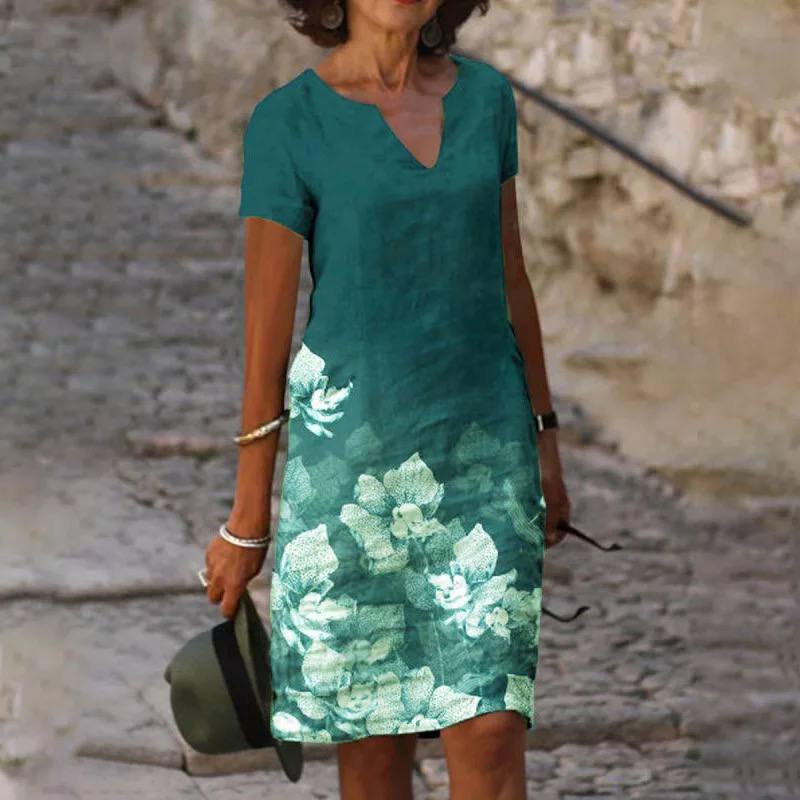 Vestido midi de corte recto para mujer con manga corta, cuello en V y estampado floral